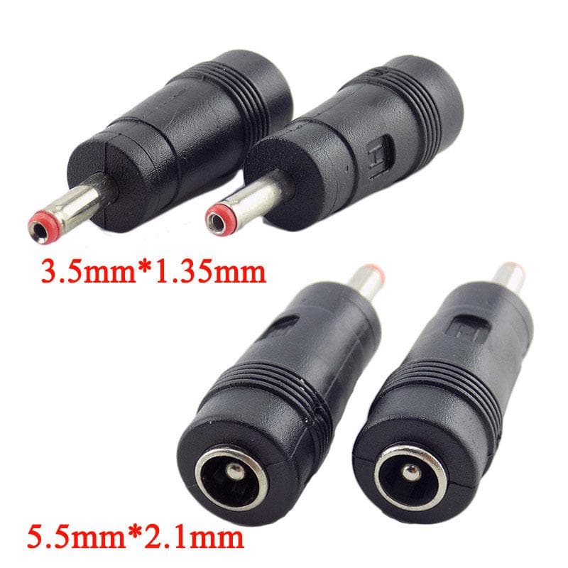 The step-down barrel adapter: 5.5 × 2.1 mm socket to 3.5 × 1.35 mm plug